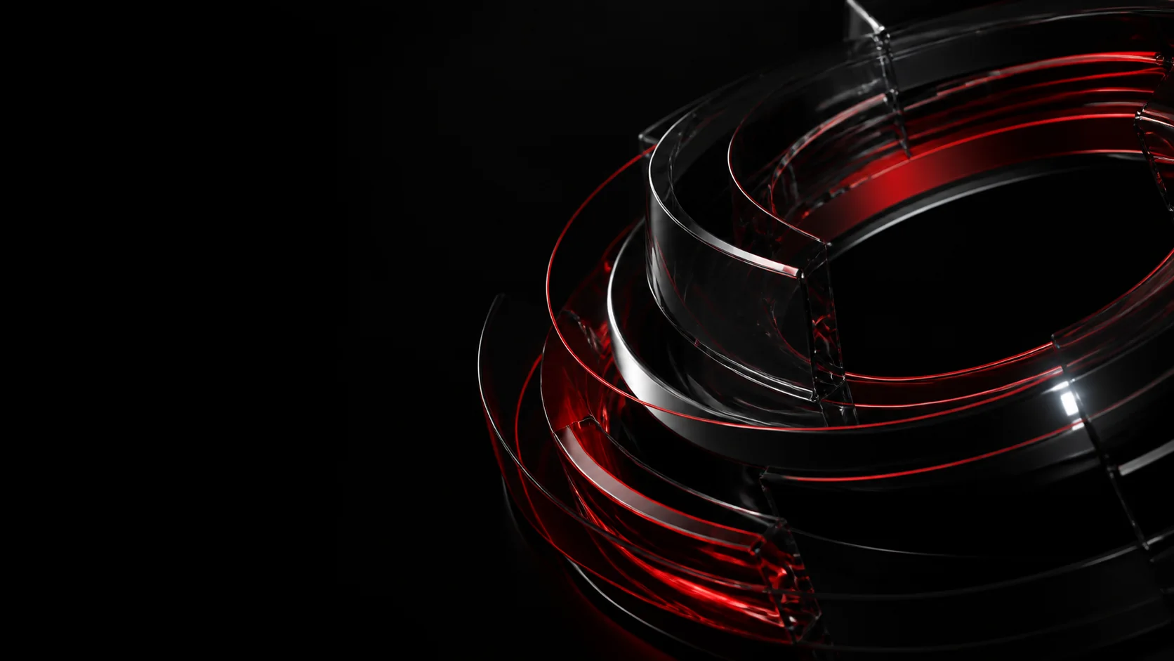 Sculptural black and red rings representing connected business systems